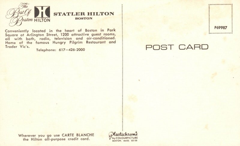 Vintage Postcard Statler Hilton Hotel The Best Of Boston Hilton Park Square MA