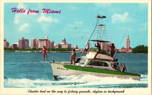 Hello Miami Charter Boat Fishing Skyline City Florida Vintage Postcard UNP Vtg 