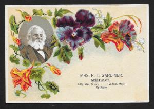 VICTORIAN TRADE CARD Mrs Gardiner Milliner Famous Poet & Flowers