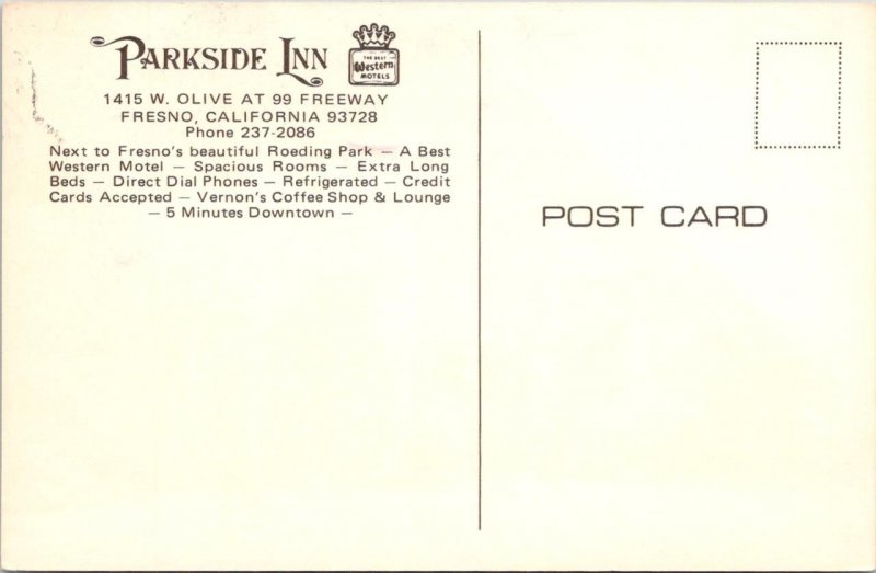 Fresno, CA California  PARKSIDE INN Best Western Motel  ROADSIDE Chrome Postcard