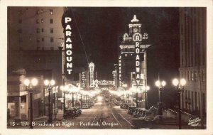 RPPC BROADWAY AT NIGHT PORTLAND OREGON REAL PHOTO POSTCARD (1940s)