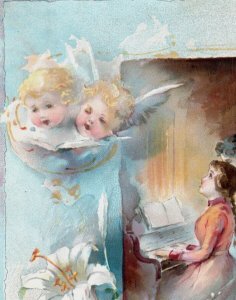 1880s-90s Woolson Spice Co. Lion Coffee Easter Greeting Cherubs Angels Fab! #5G