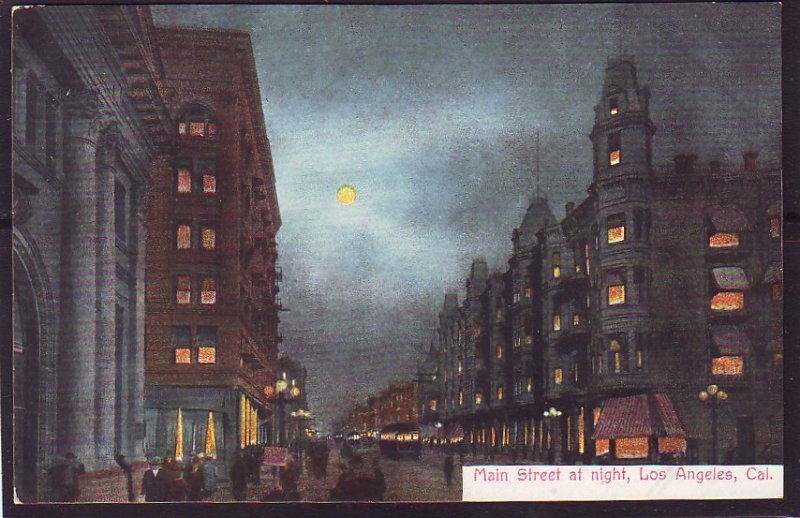 P1412 old unused postcard full moon main street night los angeles calif