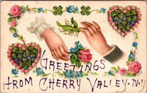 Postcard NY Cherry Valley embossed greetings roses hands 1909