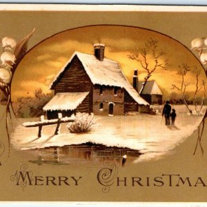 c1910s Beautiful Germany Colorful Lithograph Merry Christmas Postcard House A68
