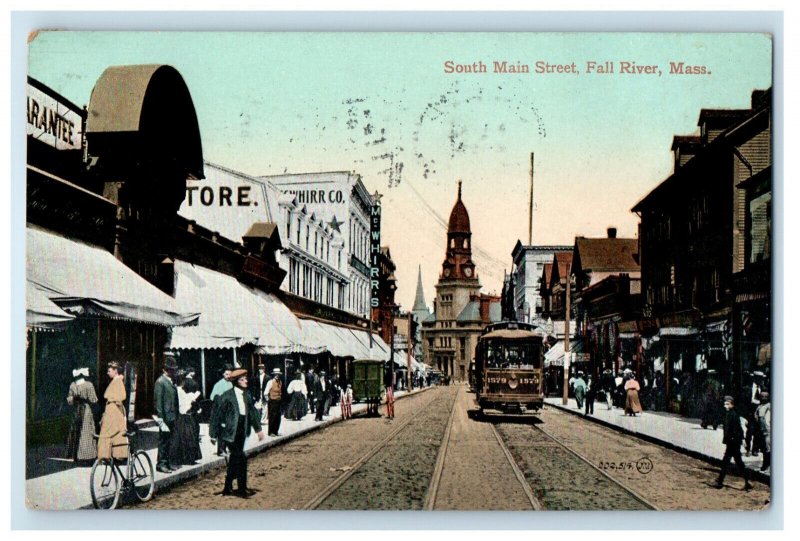 1910 Trolley Car, South Main Street, Fall River, Massachusetts MA Postcard 