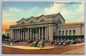 Terminal Station Train Depot Jacksonville FL 1930's Cars Linen Postcard P7