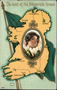 St Patrick's Day Beautiful Irish Woman Ireland Map and Flag Vintage Postcard