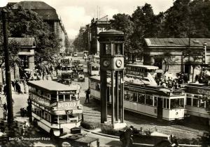 germany, BERLIN, Potzdamer Platz, Tram Bus, Clock Tower (1970s) RPPC