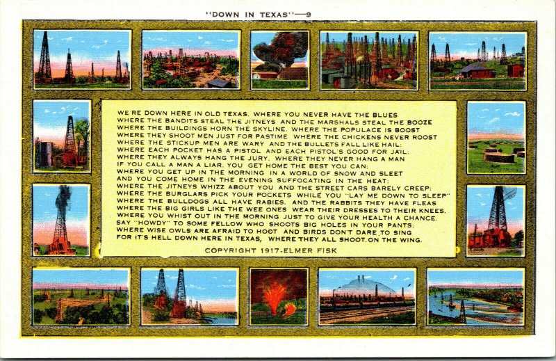 Vtg 1930s Down in Texas TX Poem by Elmer Fisk Oil Wells Unused Linen Postcard