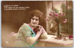 Postcard - Greeting Card with Letter/Poem and Lady Flowers Picture