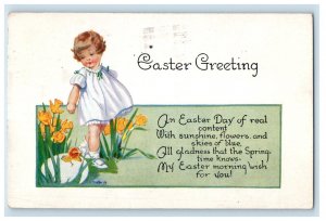 1921 Easter Greetings Poem Cute Little Girl Yellow Flowers Winsch Back Postcard 