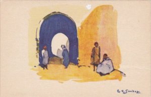 North Africa Local Village Scene Signed Sandoz