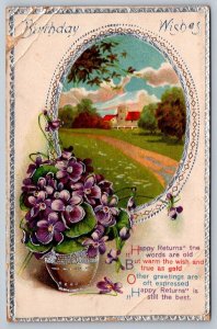 Birthday Wishes, Poem, African Violets, Rural Scene, 1925 Gelatin Postcard