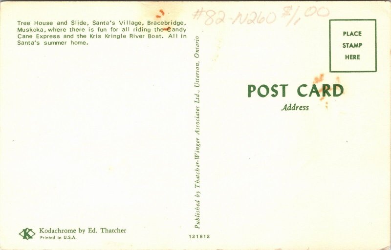 Postcard ON Bracebridge Muskoka Tree House & Slide Santa's Village 1960s S98