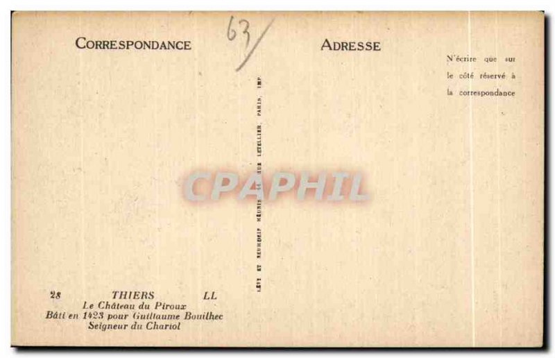 Old Postcard Thiers Le Chateau du Piroux Bati in 1423 for William Bouithec Lo...