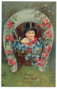 Happy New Year, Boy with horseshoe, flowers, 1908