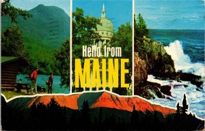 Hello Maine Cabin Man Boy State Capitol Rushing Waves Mountains Postcard Note PM 