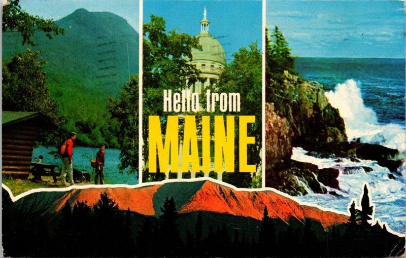 Hello Maine Cabin Man Boy State Capitol Rushing Waves Mountains Postcard Note PM 