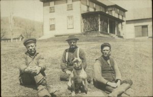 Men Sit on Lawn w/ Pitbull Terrier Dog c1910 Real Photo Postcard