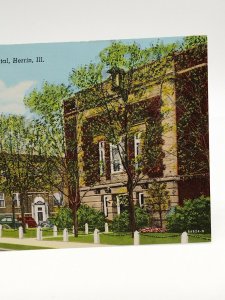 Postcard Illinois Herrin Masonic Temple and Herrin Hospital Old Car LInen Unpost