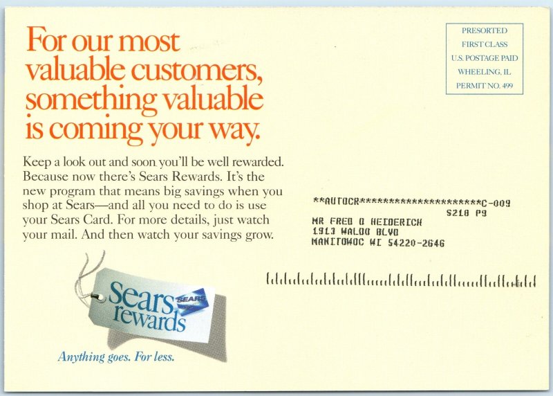 c1990s Sears Rewards Program Direct Mail Marketing Postcard 4x6 Advertising M56
