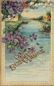 Best Wishes vintage embossed greetings floral scenic landscape fantasy postcard