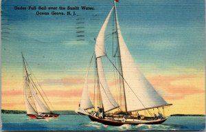 Vtg Ocean Grove New Jersey NJ Sailboats Under Full Sail 1940s Linen Postcard