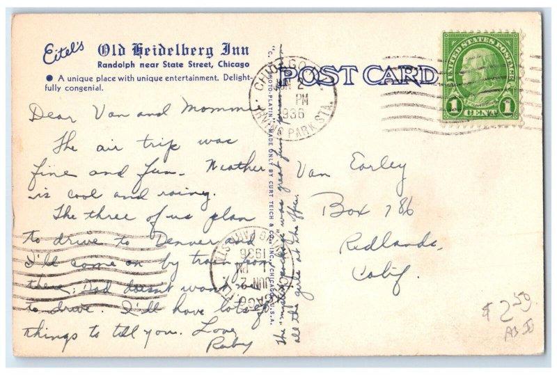 1936 Eitel's Old Heidelberg Inn Chicago Illinois IL Posted Vintage Postcard