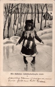 Girl Ice Skating Wie Käthchen Schlittschuhlaufen Lernen Vintage Postcard C004