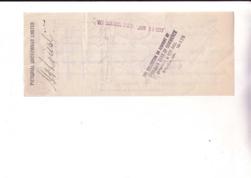 Cheque, Bank of Commerce, 1933, Pictorial Underware, Montreal, Quebec, Stamp