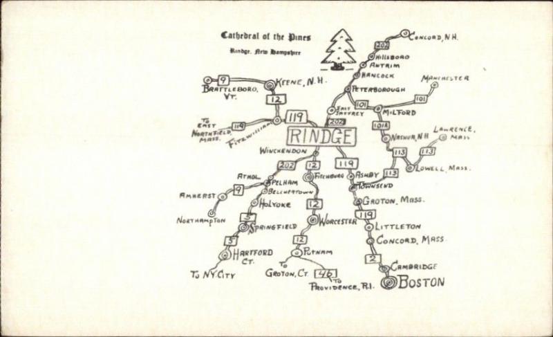 Rindge NH Area Map c1950s Postcard