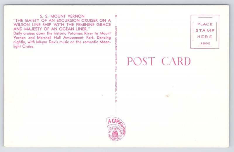 Transportation~SS Mount Vernon On Wilson Line~c1910 Postcard