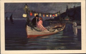 Romance  Rowboat Lovers Woman CHINESE JAPANESE LANTERNS Mauzan Postcard