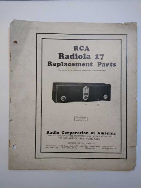 RCA Radiola 17 Replacement Parts Pamphlet 1927 Vintage Radio 4 Sided Ephemera