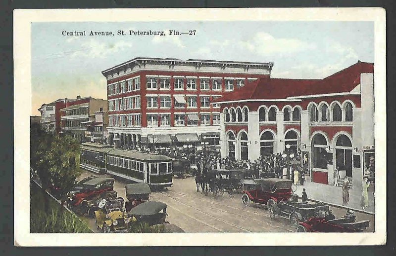 1922 PPC* ST PETERSBURG FL CENTRAL AVENUE BUILDINGS CARS & TROLLEYS