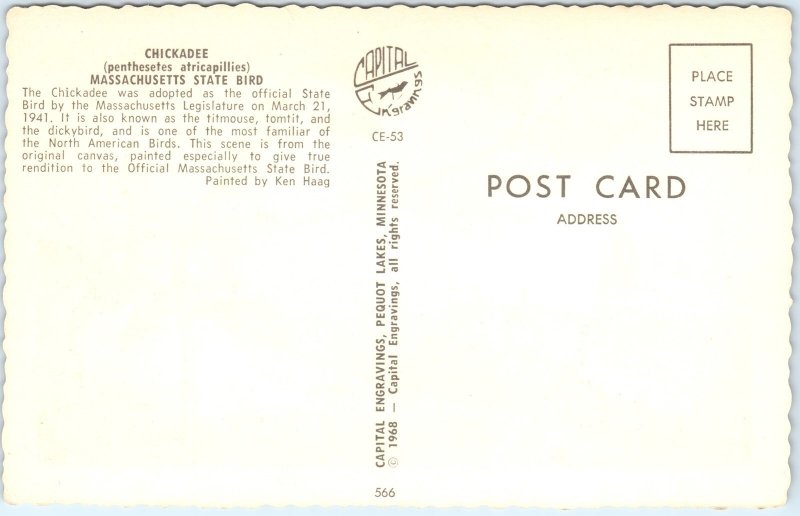 1968 Massachusetts State Bird Chickadee Lighthouse Sailboat Ken Haag Art PC A335