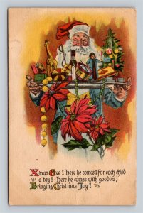 c1910 Blue Robe Santa Claus Red Hat Carrying Tray Of Toys Christmas Joy Postcard