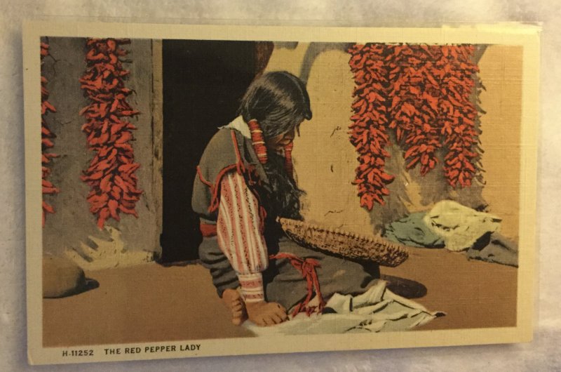 Vintage Linen Postcard the Red Pepper Lady Indian Woman Pueblo Woman