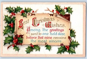 c1910's Christmas Message Holly Berries Clapsaddle Embossed Antique Postcard