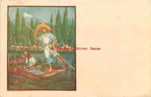 Unknown Mexican Artist? Mexico, Couple on a Flat Boat with Flowers