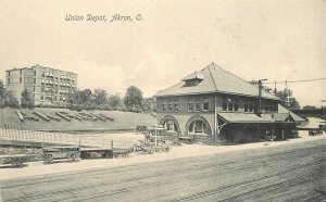 Postcard Ohio Akron Union Depot Railroad Owens Bros #1099D 23-6739