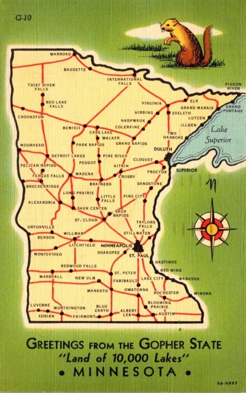 Minnesota Greetings With Map From The Gopher State 1942 Curteich