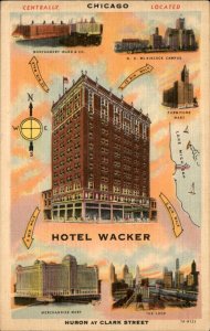Chicago Illinois Hotel Wacker Huron Clark St c1930-50s Vintage Postcard