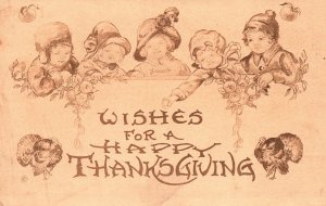 Thanksgiving Wishes Children Turkey Fruits Greetings Wishes Vintage Postcard