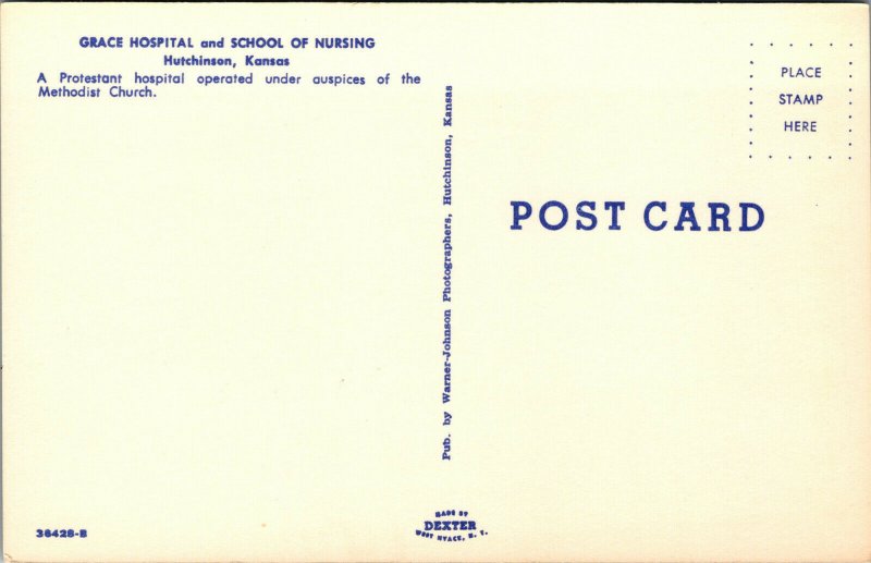 Vtg 1950s Grace Hospital and School of Nursing Hutchinson Kansas KS Postcard