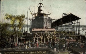 Bath Maine ME Launching Battleship Georgia c1910 Vintage Postcard