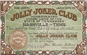 Jolly Joker Club Nashville Tennessee TN Tenn Laugh With Us 1910 Postcard H62