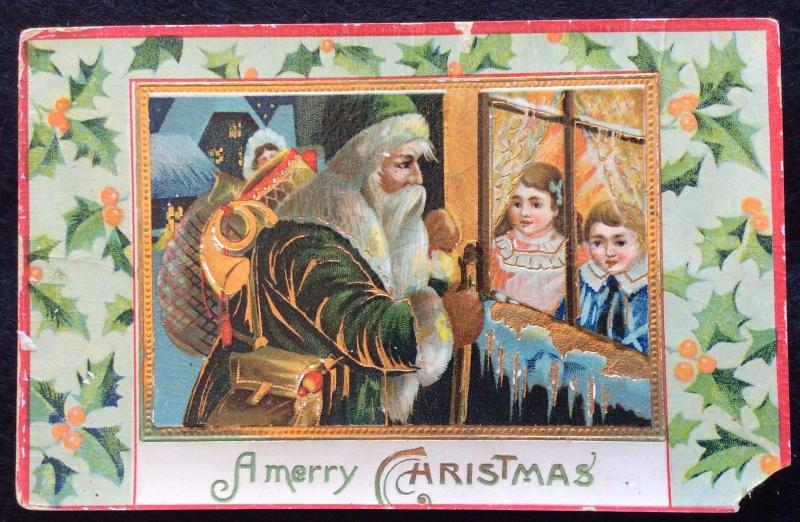 Vintage Postcard Christmas Santa Visiting Children W/Toys On Back Gilted Posted