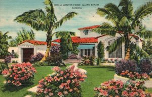 Vintage Postcard 1943 Winter Home House Garden Flowers Palm Trees Miami Beach FL